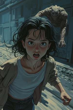 A tense and dynamic scene blending Akira and Hirō styles, featuring a worried woman running from a monster. The composition captures her frantic expression, with detailed facial features and sharp lines defining her fear. The lighting is dramatic, casting shadows that emphasize her panic. The background showcases the monster in pursuit, with the woman's running motion creating a high-energy and suspenseful scene.