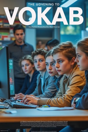 captivating magazine photo cover for VOKAB featuring a group of students learning AI from a PC. Mid-shot, capturing their focused expressions and interaction with the computer. Soft natural lighting, with a modern classroom setting. The composition is dynamic, with students gathered around the PC, creating an engaging and educational atmosphere. The background is minimalistic, emphasizing their collaborative learning environment.