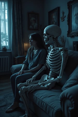 A detailed scene of a skeleton and a woman sitting together on a couch in a dimly lit living hall, watching TV. The room is gloomy with dark, heavy curtains and minimal lighting, casting long shadows. The woman is dressed in casual attire, her expression somber. The skeleton's bony fingers are resting on its knee, and its skull is slightly tilted towards the TV. The couch is positioned centrally, with the living hall's interior extending symmetrically on both sides. Low, moody lighting highlights the skeleton's intricate bone structure and the somber atmosphere of the room.