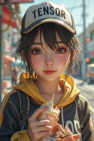 Hyper-realistic anime character, close-up face, wearing a black and yellow hoodie, cap with TENSOR ART written, holding a food item, soft lighting, centered composition, detailed facial features, warm skin tones, gentle smile, slight blush, serene expression, urban background, pastel color palette, slight breeze in hair, calm atmosphere.