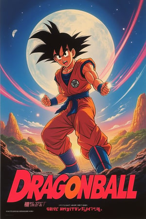 1986 Japanese anime movie poster featuring DRAGONBALL, a prominent character from the anime comic. The poster showcases a dynamic mid-shot of the character, with vibrant colors and dramatic lighting highlighting their iconic outfit and powerful stance. The composition emphasizes the character's heroic presence and the intense action of the scene. The background features a fantastical landscape, adding depth and context to the adventurous setting. The text is boldly placed, blending with the energetic atmosphere of the scene. The overall design captures the essence of the Dragonball universe.