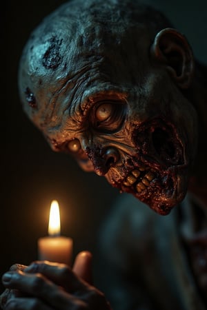 Close-up shot of a zombie's face, decaying flesh and hollow eyes, dimly lit by a flickering candle, dramatic lighting casting deep shadows, intense focus on the zombie's distorted features, eerie and unsettling atmosphere, with the candle's warm glow contrasting the cold, lifeless expression.