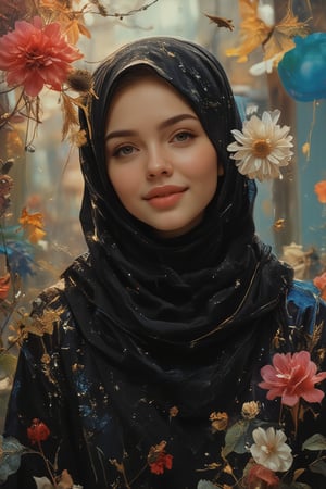 A pretty cute Malay girl in a Pixomeda style, vibrant and surreal. She is framed in a mid-shot, wearing a black hijab and a black-blue abaya, with a sweet expression. Soft, warm lighting highlights her elegant features and joyful demeanor. Her pose is relaxed, with a bright smile as the wind gently blows her abaya. The composition is balanced, with intricate details and a dreamlike atmosphere. The background is abstract and colorful, enhancing her cultural and ethereal presence.,athe88,kurung_modern,DSLR 