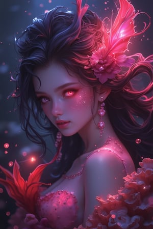 A magical surreal Niji style artwork, featuring a close-up face of a mermaid, illuminated by red and magenta hues. The scene is set in a fantastical underwater world, with whimsical sea creatures and vibrant coral reefs in the background. The mermaid's face is prominently displayed, her eyes and features highlighted with red and magenta accents, creating a dynamic and enchanting composition. The lighting is surreal, with red and magenta tones casting a dreamlike and mystical atmosphere.