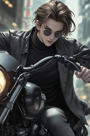 Anime style, exquisite male character, wearing a black jacket, riding a sleek motorcycle, dynamic pose, medium shot, detailed facial features, expressive eyes, urban setting, soft ambient lighting, focus on the character's cool and confident demeanor, emphasis on the sleek design of the motorcycle and jacket, slight motion blur, energetic atmosphere.,Round Shaped Sunglasses