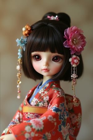 A cute doll wearing a traditional kimono, with stylish hair adorned with colorful accessories. The doll is framed in a close-up shot, capturing its delicate features and intricate details. Soft, warm lighting enhances the vibrant colors of the kimono and hair. The composition centers on the doll, with a slight tilt to add a playful touch. The background is a subtle, muted pattern to keep the focus on the doll's charm.