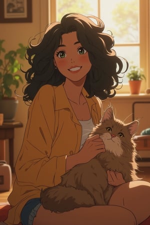 vibrant Moe anime scene of a beautiful woman with large, glossy eyes and black curly wavy hair, happily petting her fluffy cat on her knee. She sits comfortably on the floor in a cozy, sunlit room, surrounded by warm, inviting decor. The scene is framed mid-shot, capturing her radiant smile and the soft, warm lighting that highlights her joyful expression. The background is a homely interior with personal touches, creating a serene and comforting atmosphere. Her cat is equally content, adding to the warm and cozy composition.