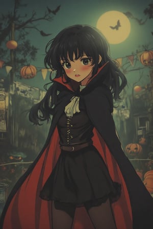 An anime scene with muted retro colors, depicting a girl dressed as a vampire at a Halloween festival. She stands with a confident posture, her costume complete with fangs and a flowing cape. The soft, warm lighting casts a nostalgic glow over the festive atmosphere, with subtle details of pumpkins and decorations adding to the retro charm. The composition captures her playful expression and the lively environment, with the muted palette enhancing the scene's whimsical mood.