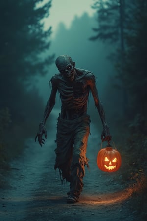 A spooky Halloween scene featuring a zombie, its decaying body and tattered clothing barely holding together, walking down a dark, foggy road. The zombie holds a pumpkin Halloween lantern, its flickering light casting eerie shadows. The scene is dimly lit, with the lantern's glow highlighting the zombie's gruesome features. The composition frames the zombie in the center, with the road leading into the distance, creating a sense of foreboding and endlessness. The overall atmosphere is creepy and fitting for Halloween.