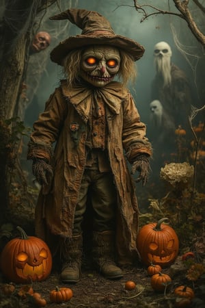 A grotesque fairytale scene featuring a scarecrow in a Halloween setting. The scarecrow is dressed in tattered clothing, with a sinister expression and eerie, glowing eyes. The scene is framed in a medium shot, with a mix of dim and moody lighting, casting spooky shadows. The composition is unsettling, with jack-o'-lanterns, cobwebs, and ghostly apparitions in the background. The location is a haunted field, blending the whimsical with the macabre.