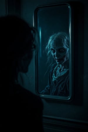 A spooky, dimly lit room with a large, antique mirror. A very very creepy face of an old woman stares into the mirror, her reflection twisted and unsettling. Her eyes glow with an eerie light, and her expression is one of pure terror. The room is filled with shadows and cobwebs, enhancing the creepy atmosphere. The mirror's surface shimmers with an unnatural glow, reflecting a ghostly, horrifying image of the old woman. The composition is centered on the mirror, with the old woman's face slightly off-center, creating a sense of intense unease.