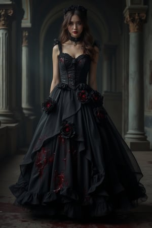 A cheeky, pretty woman in a flowy, dark gothic dress, adorned with bloody stains and black rose flowers, stands confidently in a half medium shot. The background is a shadowy, eerie gothic setting, with dim, moody lighting. Her playful yet mysterious expression contrasts with the dark elements around her. The composition highlights her dress's intricate details and the dramatic contrast of the bloody accents against the black fabric.