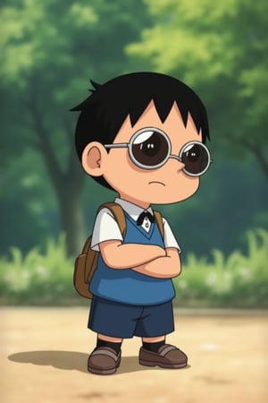 Nobita from Doraemon wearing round-shaped sunglasses, standing with a playful and curious expression, the shot framed from the waist up, soft natural lighting, the composition centered on Nobita with the sunglasses reflecting a serene park background, the outfit blending his school uniform with a modern twist, creating a fun and nostalgic atmosphere.