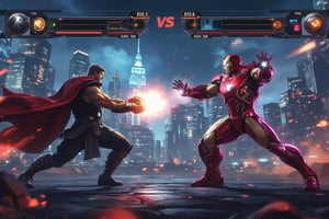 A dynamic fighting game UI for PC, featuring a large VS fight on screen with Thor and Iron Man in a high-stakes battle in Gotham City. Thor, wielding Mjolnir, faces off against Iron Man, in his Mark LXXXV suit, launching a repulsor blast. The city's skyline, with skyscrapers and neon lights, provides a dramatic backdrop. The UI includes health bars, special move indicators, and a timer, all set against a vibrant, high-energy background. The composition captures the intensity of their clash, with both characters mid-action, surrounded by swirling energy and city lights.