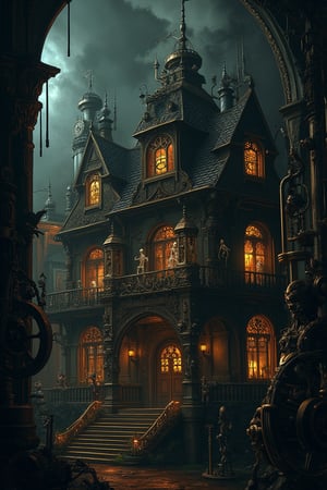 A steampunk ambience with a big haunted mansion in the foreground, featuring skeletal figures hanging from the walls. The scene is illuminated by dim, ambient lighting, casting eerie shadows. The mansion is adorned with intricate gears and brass machinery, with skeletal figures hanging ominously. The background features a steam engine and various mechanical contraptions. The composition is balanced, with the mansion and skeletal figures in the center, framed by the detailed steampunk environment.