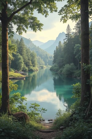 A serene Laivi scenery featuring a tranquil lake surrounded by lush greenery and towering trees. The lake is calm, with reflections of the sky and trees visible on its surface. The composition is centered around the lake, with the surrounding forest framing the scene. The lighting is soft, with warm tones filtering through the trees, creating a peaceful and eye-soothing atmosphere.