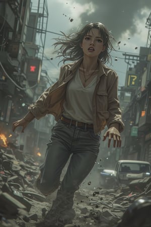 Hyper-realistic anime scene, armageddon tragedy, woman running away, dystopian world, wide shot, detailed destruction, dark and stormy atmosphere, intense lighting, chaotic composition, detailed facial features, fear and determination in expression, debris and smoke in background, muted color palette, dynamic action pose, urban ruins setting.