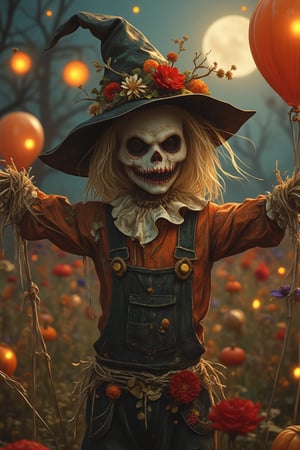 A scarecrow in a Pixomeda style, vibrant and surreal, with a Halloween theme. It is framed in a mid-shot, with soft, warm lighting highlighting its rustic and eerie features. The scarecrow's pose is dynamic, with a sinister and haunting stance. The composition is balanced, with intricate details and a dreamlike atmosphere. The background is a colorful Halloween setting, enhancing its mystical and terrifying presence.