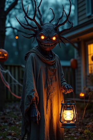 A creepy, thorny creature with a twisted, unsettling smile and eerie, glowing eyes, wearing a tattered robe and holding a Halloween lantern, stands static amidst suburban Halloween decorations at night. The creature's head is adorned with a Halloween mask, adding to its menacing appearance. The background features spooky decorations, such as jack-o'-lanterns and cobwebs, illuminated by the eerie glow of the lantern. The lighting is dim and shadowy, casting long shadows and enhancing the creature's grotesque features. The composition is balanced, with the creature standing prominently in the scene, surrounded by the chilling Halloween ambiance.