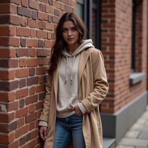 A beautiful Russian woman model, dressed in a long trench coat, hoodie, denim pants, and boots, stands leaning against a brick wall building in a Virtual19 setting. She exudes confidence with a relaxed yet stylish pose, her outfit blending modern and classic elements. The soft, natural lighting highlights her features, while the textured brick wall adds depth to the composition. The scene is framed to focus on her, with the urban backdrop enhancing the overall aesthetic.