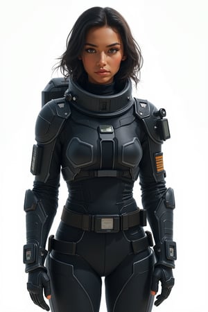 Protagonist Alicia Carter, a resolute and scholarly scientist, stands in a full-body shot, wearing a dark-toned, high-tech protective suit inspired by futuristic deep-sea exploration gear. Her outfit features practical elements such as sensors on her shoulders and a display screen on her wrist. Alicia has dark brown or black hair, a determined gaze, and well-defined facial features, exuding wisdom and rationality. Her medium build reflects her confidence and responsibility as the expedition leader. The scene is brightly lit, highlighting her technological suit and authoritative presence.