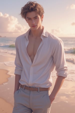 Anime style, exquisite male character in casual wear, evening day at the beach, medium shot, soft pastel colors, detailed facial features, expressive eyes, gentle lighting, relaxed posture, focus on the character's laid-back and charming demeanor, slight breeze, slight smile, emphasis on the serene and picturesque beach setting.