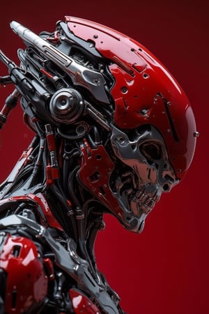 A close-up shot of a matte polycarbonate surface reflecting a red and silver cyberpunk cyborg. The cyborg's metallic body is detailed with vibrant red accents and sleek silver components, blending seamlessly with the reflective material. The lighting is neon and futuristic, highlighting the metallic elements and casting dynamic shadows. The composition is centered, focusing on the cyborg's advanced technology and the smooth, reflective surface.