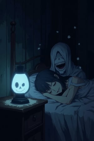 A J-horror anime scene featuring a girl sleeping in her bed, with her phantom appearing beside her. The phantom has an eerie, almost ethereal appearance, with hollow eyes and a twisted, unsettling smile. The girl is sleeping peacefully, unaware of the phantom's presence. A Halloween lamp on the side table casts a spooky glow over the scene, illuminating the girl and the phantom. The composition is centered on the girl and the phantom, with the Halloween lamp slightly blurred in the foreground, emphasizing the eerie atmosphere. The atmosphere is tense and foreboding, with a sense of the supernatural and the unknown.