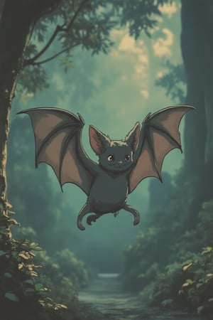 An anime scene with muted retro colors, featuring a cute flying bat. The bat flutters gracefully in the air, its wings spread wide. The soft, warm lighting casts a nostalgic glow, highlighting its adorable features. The composition captures the bat's playful movement and the serene environment, with subtle details of the muted retro palette enhancing the scene's whimsical atmosphere.