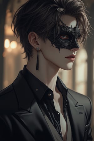 Anime style, exquisite male character in a suit, wearing a mask on his face, medium shot, detailed facial features, expressive eyes, stylish suit with intricate details, soft ambient lighting, mysterious atmosphere, focus on the character's enigmatic and sophisticated presence, slight tilt of the head, emphasis on the mask and suit's design.