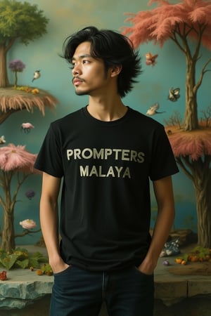 A whimsical scene inspired by Nicoletta Ceccoli and Daria Petrilli, featuring a man wearing a black tee shirt with the words PROMPTERS MALAYA. The composition is framed mid-shot, capturing his casual pose and the intricate details of his attire. The lighting is soft and dreamlike, casting a gentle glow on his figure. The background is a fantastical, surreal landscape with vibrant colors and whimsical elements, emphasizing the magical atmosphere.