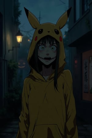 A J-horror anime scene featuring a woman wearing a Pikachu costume on a Halloween night. The woman has an eerie, almost ghostly appearance, with her wide, unsettling eyes and the Pikachu costume adding a creepy twist. The scene is set in a dark, foggy street, with Halloween decorations casting eerie shadows. The composition is centered on the woman, with the Pikachu costume and the Halloween background slightly blurred, emphasizing the unsettling atmosphere. The atmosphere is tense and foreboding, with a sense of the supernatural and the unknown.