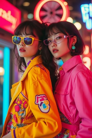 A Korean couple in their late 20s, embodying 80's vibes with neon colors, bold patterns, and retro fashion. They stand together in a dynamic pose, surrounded by vibrant, nostalgic elements. The scene is brightly lit, capturing the energetic atmosphere of the era. The composition frames them from the waist up, highlighting their stylish outfits and confident expressions.