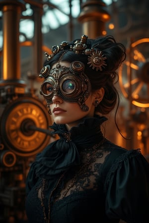 A steampunk ambience with a woman wearing a steampunk mask in the foreground, surrounded by intricate gears and brass machinery. The scene is illuminated by warm, ambient lighting, casting long shadows. The woman is dressed in a Victorian-era outfit, with a detailed steampunk mask covering her face. The background features a steam engine and various mechanical contraptions. The composition is balanced, with the woman in the center, framed by the detailed steampunk environment.