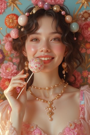 A woman in a Pixomeda style, vibrant and surreal. She is framed in a mid-shot, wearing a candy-themed outfit with pastel colors, while eating a lollipop, exuding a playful and whimsical vibe. Soft, warm lighting highlights her elegant features and joyful expression. Her pose is relaxed, with a bright smile. The composition is balanced, with intricate details and a dreamlike atmosphere. The background is abstract and colorful, enhancing her sweet and enchanting presence.