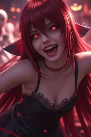 Rias Gremory from High School DxD at a Halloween party, wearing a vampire dress with fangs showing in her mouth, dramatic lighting with spooky accents, her eyes glowing with a mischievous look, detailed textures of the vampire dress and fangs, dynamic composition, capturing her playful and powerful presence, set in a festive, eerie environment.