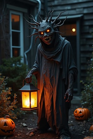 A creepy, thorny creature with a twisted, unsettling smile and eerie, glowing eyes, wearing a tattered robe and holding a Halloween lantern, stands static amidst suburban Halloween decorations at night. The creature's head is adorned with a Halloween mask, adding to its menacing appearance. The background features spooky decorations, such as jack-o'-lanterns and cobwebs, illuminated by the eerie glow of the lantern. The lighting is dim and shadowy, casting long shadows and enhancing the creature's grotesque features. The composition is balanced, with the creature standing prominently in the scene, surrounded by the chilling Halloween ambiance.