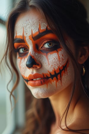 Macro photography style, shallow depth of field, close-up shot of a woman's face wearing Halloween makeup, sharp focus on the intricate details and textures, soft natural lighting, detailed patterns and colors, high detail, realistic texture, vibrant makeup tones, indoor setting with a blurred background, intimate composition.