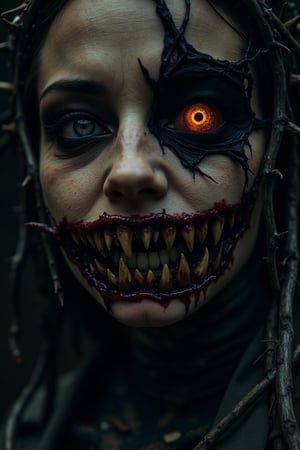 A close-up shot of a woman's face, adorned with creepy Halloween makeup, juxtaposed with a thorny creature's twisted, unsettling smile and eerie, glowing eyes. The background is blurred, focusing attention on the intricate makeup and the creature's sharp, thorn-covered features. The lighting is dim and shadowy, casting deep shadows around the woman's face, enhancing the eerie contrast between the makeup and the creature's features. The composition is tight, capturing every detail of the woman's grotesque visage and the chilling Halloween theme.