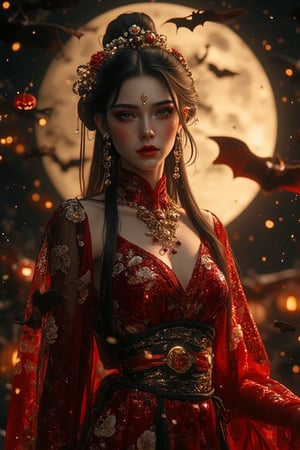 A woman in an Oriental aesthetic, exuding glossy and glittery allure, captured in a Halloween mood under a full moon. She stands mysteriously, her attire shimmering with intricate designs. The scene is framed with dynamic ink strokes, capturing the glitter and gloss of her hanfu and the eerie atmosphere. Soft, warm lighting enhances her glossy skin and sparkling eyes. The composition centers on the woman, with the full moon adding a sense of mystery and enchantment to the Halloween setting.