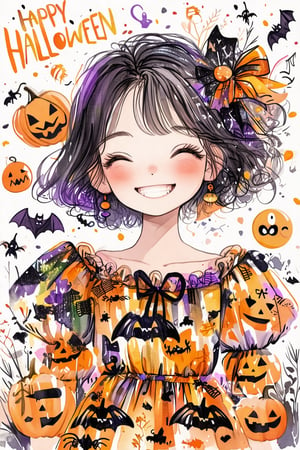 HAPPY HALLOWEEN text and 🎃 emoji installation in doodle art style, featuring a happy girl in a Halloween pattern dress. The scene is vibrant with playful, bright lighting. The composition centers on the girl's joyful expression and festive attire, set against a whimsical, hand-drawn background. The overall atmosphere is lively and engaging, perfect for a text and emoji installation.