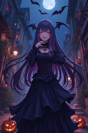 A vibrant Nightcore anime scene set on a spooky Halloween night. The girl has long, flowing hair and is dressed in a dark, ornate Victorian-style dress. She stands in a dimly lit, eerie neighborhood, surrounded by flying devil bats and Halloween decorations like jack-o'-lanterns and cobwebs. The girl is smiling mischievously, her eyes glowing with a sinister light. The composition is centered on her, with the background slightly blurred to emphasize her presence. The lighting is moody, with deep shadows and a hint of moonlight adding to the Halloween atmosphere.