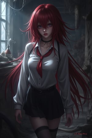 Rias Gremory from High School DxD inside a dimly lit haunted house, her school uniform slightly disheveled, dramatic lighting casting eerie shadows, her eyes glowing with a determined look, standing amidst cobwebs and creepy decor, detailed textures of the haunted environment, dynamic composition, capturing her confident and powerful presence.