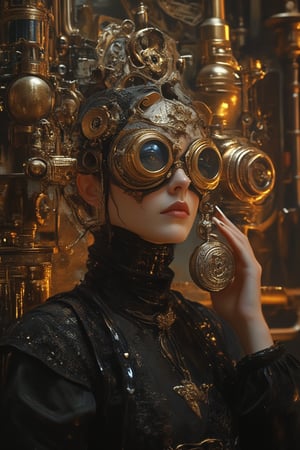 A steampunk dreamscape unfolds as a Victorian-era woman, adorned in goggles and corset, stands poised amidst intricate gears and brass machinery. Warm, ambient lighting casts long shadows, enveloping her in an air of mystique. The delicate pocket watch clutched in her hand serves as a beacon of precision, set against the industrial backdrop of a steam engine and mechanical contraptions. Framed by the detailed environment, she occupies the center, her enigmatic presence drawing the viewer's gaze.,Pixomeda style,NeemoFairy