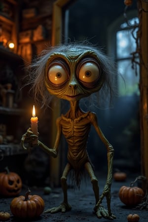 Full-body shot of a big-eyed, creepy creature holding a flickering Halloween candle in a dimly lit room decorated for Halloween. The creature's eyes are disproportionately large and glowing with an eerie light, casting shadows on the walls. The room is filled with cobwebs, jack-o'-lanterns, and spooky decorations. The composition is centered on the creature, with the candlelight adding to the eerie atmosphere. The creature's posture is slightly hunched, as if ready to move, enhancing the sense of unease.