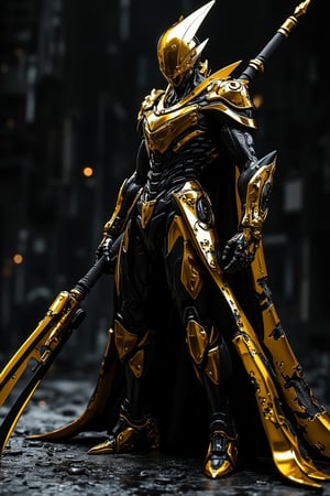 Full body shot of a gold and black matte skin Genetic Cyberpunk Royal Guard with chrome-shining bodywork featuring a ceramic effect, designed in the style of Mamoru Nagano and Noriyoshi Ohrai. The figure wields a long scythe weapon and is illuminated by studio lighting, showcasing polycarbonate bodywork and ceramic details with precision. Set against a dystopian, dynamic background, the image is rendered in hyper-realism with sharp focus, emphasizing minimalist, intricate details.