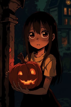 A J-horror anime scene featuring a Halloween girl holding a carved pumpkin with a flickering candle inside. The girl has an eerie, almost ghostly appearance, with her pale skin and wide, unsettling eyes. The pumpkin's flickering candlelight casts a spooky glow over the scene, illuminating the girl and the surrounding Halloween decorations. The composition is centered on the girl and the pumpkin, with the background slightly blurred, emphasizing the eerie atmosphere. The atmosphere is tense and foreboding, with a sense of the supernatural and the unknown.