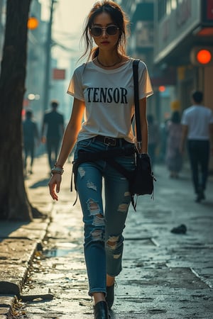 Yoji Shinkawa art style, a woman in denim jeans and a tee shirt with TENSOR written on it, walking like a model, wearing glasses, intricate ink lines and metallic textures, dynamic shadows, confident stride, street with urban elements, soft ambient lighting, mid-shot capturing her movement and the urban environment, atmospheric and moody composition.