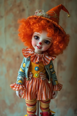 A cute doll dressed as a girl in a clown character, with a playful expression and colorful clown attire. The doll is framed in a mid-shot, capturing her full outfit and whimsical features. Soft, warm lighting highlights her vibrant costume and cheerful demeanor. The composition centers on the doll, with a slight tilt to add a dynamic feel. The background is a subtle, muted pattern to keep the focus on the doll's charming clown character.