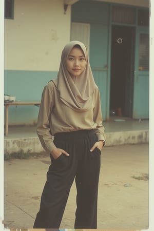 A candid shot of a Malay woman wearing a plain hijab, casually dressed in a loose abaya and black pants. The image is captured in a Polaroid style, with soft, natural lighting. The composition focuses on her relaxed pose, standing in a simple, everyday setting.